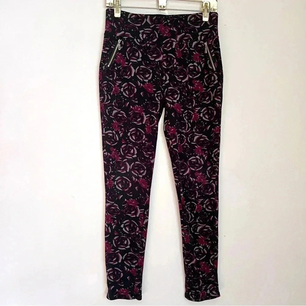 Yado Black Multicolor Rose Print Active Wear Work Out Leggings w/Pockets Size S